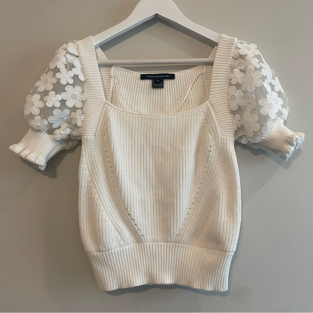 FRENCH CONNECTION Juliet Mozart Caballo Puff Sleeve Crop Sweater White Small - Picture 2 of 10